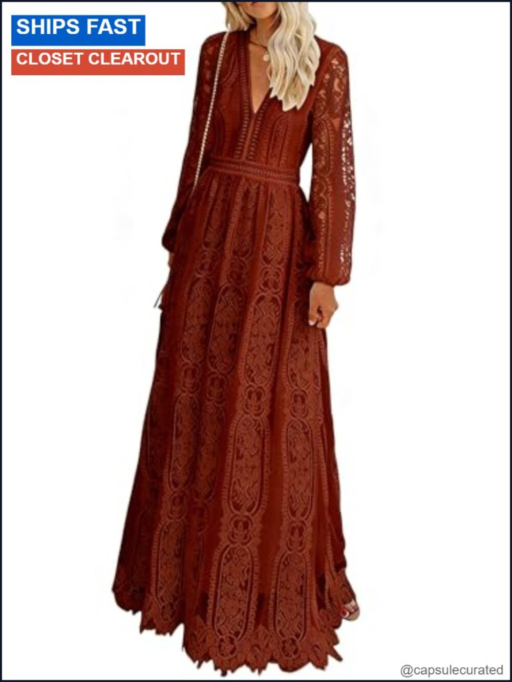 Lace Maxi Wedding Dress Long Sleeve V-Neck A-Line Formal Gown